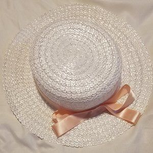 White Straw Hat with Peach Bow Ribbon